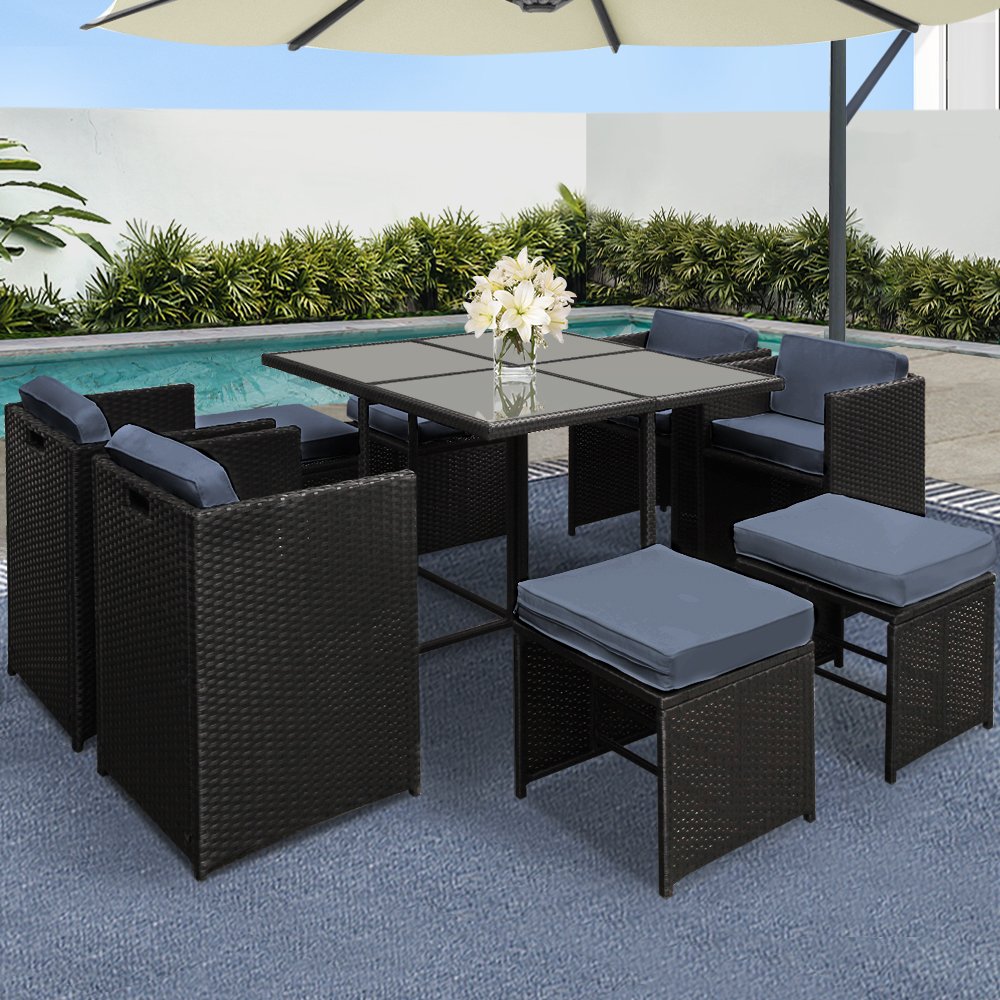 FF-DINING-9SET-BK-5312-07.jpg Gardeon Outdoor Dining Set 9 Piece Wicker Table Chairs Setting Black - Image 1