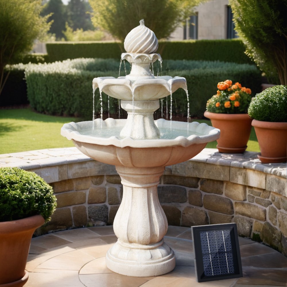 FOUNT-3LVL-IVORY-3961-07.jpg Gardeon Solar Water Feature 3-Tier Fountain with Pump Kit Bird Bath 93CM Ivory - Image 1