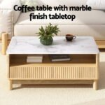 Artiss Coffee Table Drawer Shelf Marble Effect Wood&White - Image 5
