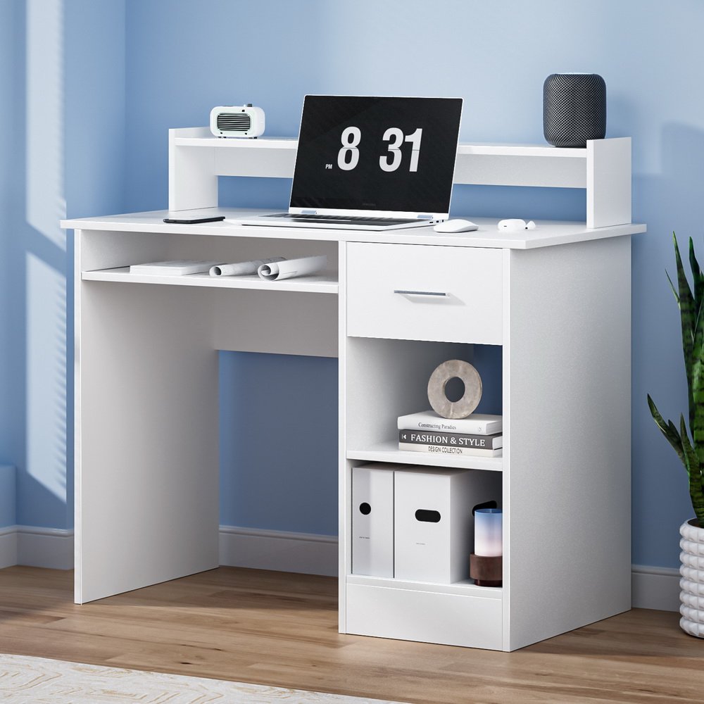 FURNI-C-DESK-JUNI-WH-AB-11835-07.jpg Artiss Computer Desk Shelf Drawer Cabinet White 100CM - Image 1