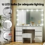 Artiss Dressing Table Vanity Desk Set Stool 12 Led Bulbs White - Image 6
