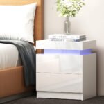 Artiss Bedside Table LED 2 Drawers Lift-up Storage - COLEY White - Image 7
