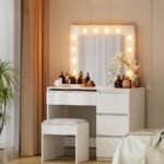 Artiss Dressing Table Set Stool 12 Led Bulbs White - Image 7