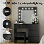 Artiss Dressing Table Set Stool 12 Led Bulbs Black - Image 7