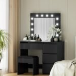 Artiss Dressing Table Set Stool 12 Led Bulbs Black - Image 8