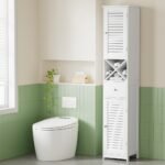 Artiss Bathroom Storage Cabinet 170cm Tall Slim Organiser Toilet Corner Adjustable Shelf Louver Door White - Image 8