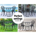 Gardeon 3PC Outdoor Setting Bistro Set Chairs Table Cast Aluminum Patio Furniture Tulip Black - Image 6