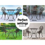 Gardeon 3PC Outdoor Setting Bistro Set Chairs Table Cast Aluminum Patio Furniture Tulip Bronze - Image 6