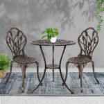 Gardeon 3PC Outdoor Setting Bistro Set Chairs Table Cast Aluminum Patio Furniture Tulip Bronze - Image 7