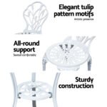 Gardeon 3PC Outdoor Setting Bistro Set Chairs Table Cast Aluminum Patio Furniture Tulip White - Image 4