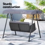 Gardeon Outdoor Swing Chair Garden Bench Furniture Canopy 3 Seater Rattan Grey - Image 6