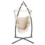 Gardeon Hammock Chair with Steel Stand Hanging Outdoor Tassel Cream - Image 3