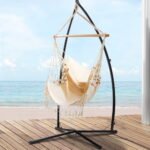 Gardeon Hammock Chair with Steel Stand Hanging Outdoor Tassel Cream - Image 8