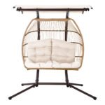 Gardeon Outdoor Egg Swing Chair Wicker Furniture Pod Stand Canopy 2 Seater Latte - Image 3