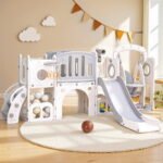 Keezi Kids Slide Swing Set Basketball Hoop Ring Football Outdoor Toys 132cm grey - Image 7