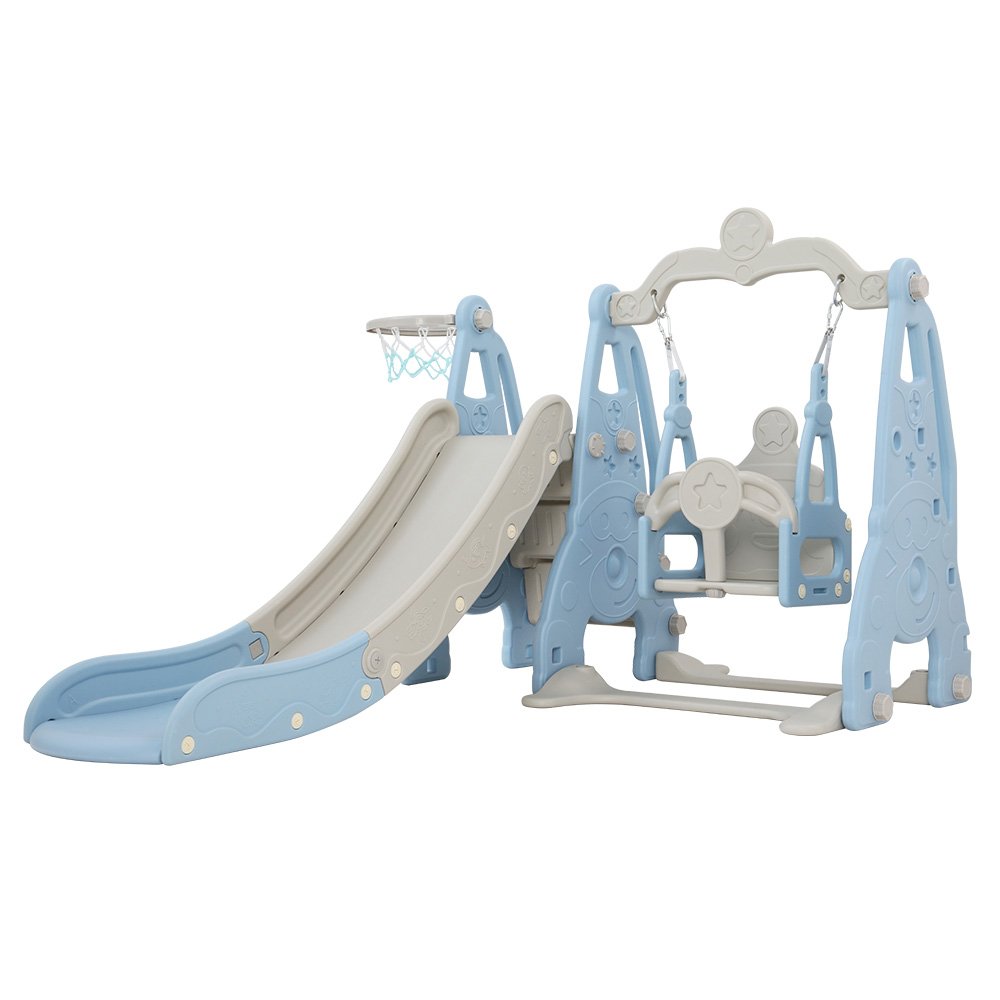 KPS-SLIDE-2160-BU-00.jpg Keezi Kids Slide Swing Set Basketball Hoop Outdoor Playground Toys 170cm Blue - Image 1