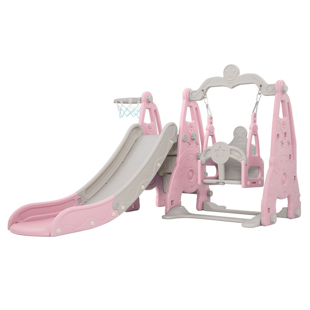 KPS-SLIDE-2160-PK-00.jpg Keezi Kids Slide Swing Set Basketball Hoop Outdoor Playground Toys 170cm Pink - Image 1