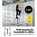 Giantz 2.6M Telescopic Ladder Aluminium Extension Extendable Steps Adjustable Height - Image 5
