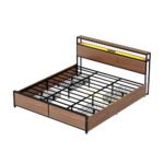 Artiss Metal Bed Frame King Size with 2-Tier Storage Headboard Metal Platform with 4 Storage Drawers Built in Charging Station & LED Noise-Free/Metal Support/No Box Spring Needed Vintage Brown