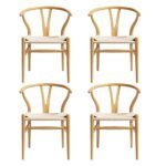 1 Set of 4 Artiss Dining Chairs Wooden Rattan Seat Wishbone Back - Image 3