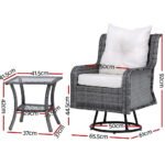 Gardeon 3PC Outdoor Furniture Bistro Set Lounge Wicker Swivel Chairs Table Cushion Grey - Image 3