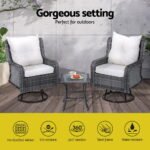 Gardeon 3PC Outdoor Furniture Bistro Set Lounge Wicker Swivel Chairs Table Cushion Grey - Image 4