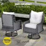 Gardeon 3PC Outdoor Furniture Bistro Set Lounge Wicker Swivel Chairs Table Cushion Grey - Image 5