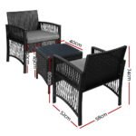 Gardeon 3PC Outdoor Bistro Set Patio Furniture Wicker Dining Chairs Table Cushion Black - Image 2