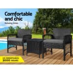 Gardeon 3PC Outdoor Bistro Set Patio Furniture Wicker Dining Chairs Table Cushion Black - Image 4
