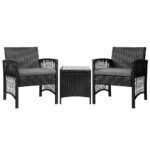 Gardeon 3PC Outdoor Bistro Set Patio Furniture Wicker Dining Chairs Table Cushion Black - Image 7