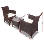Gardeon 3PC Outdoor Bistro Set Patio Furniture Wicker Setting Chairs Table Cushion Brown - Image 2