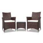 Gardeon 3PC Outdoor Bistro Set Patio Furniture Wicker Setting Chairs Table Cushion Brown - Image 8