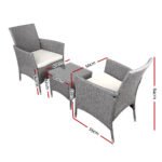 Gardeon 3PC Outdoor Bistro Set Patio Furniture Wicker Setting Chairs Table Cushion Grey - Image 2