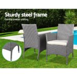Gardeon 3PC Outdoor Bistro Set Patio Furniture Wicker Setting Chairs Table Cushion Grey - Image 3