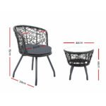 Gardeon 3PC Bistro Set Outdoor Furniture Rattan Table Chairs Patio Garden Cushion Black - Image 2