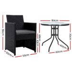Gardeon 3PC Bistro Set Outdoor Furniture Rattan Table Chairs Cushion Patio Garden Hugo - Image 2