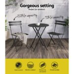Gardeon 3PC Outdoor Bistro Set Steel Table and Chairs Patio Furniture Black - Image 4