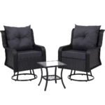 Gardeon 3PC Outdoor Furniture Bistro Set Lounge Wicker Swivel Chairs Table Cushion Black - Image 7