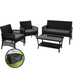 Gardeon 4PCS OutdoorSofa Set with Storage Cover Wicker Harp Chair Table Black - Image 7