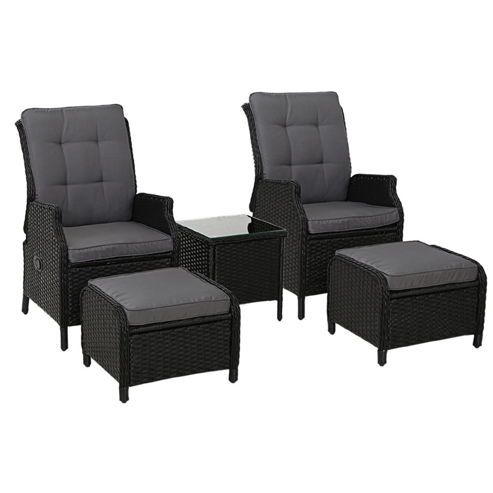 ODF-RCL-RW-CHOTTB-5BK-00.jpg Gardeon 5PC Recliner Chairs Table Sun lounge Wicker Outdoor Furniture Adjustable Black - Image 1