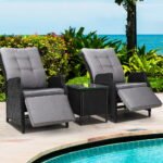 Gardeon 3PC Recliner Chairs Table Sun lounge Outdoor Furniture Wicker Adjustable Black - Image 8