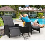 Gardeon 3PC Recliner Chairs Table Sun lounge Outdoor Furniture Wicker Adjustable Black - Image 9