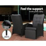 Gardeon 3PC Recliner Chairs Table Sun lounge Outdoor Furniture Wicker Adjustable Black - Image 10