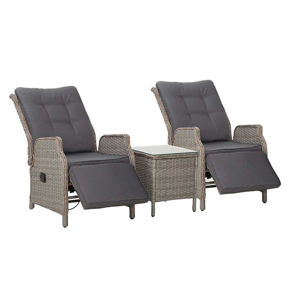 ODF-RCL-RW-FT-3GE-00.jpg Gardeon 3PC Recliner Chairs Table Sun lounge Outdoor Furniture Wicker Adjustable Grey - Image 1
