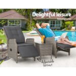 Gardeon 3PC Recliner Chairs Table Sun lounge Outdoor Furniture Wicker Adjustable Grey - Image 9