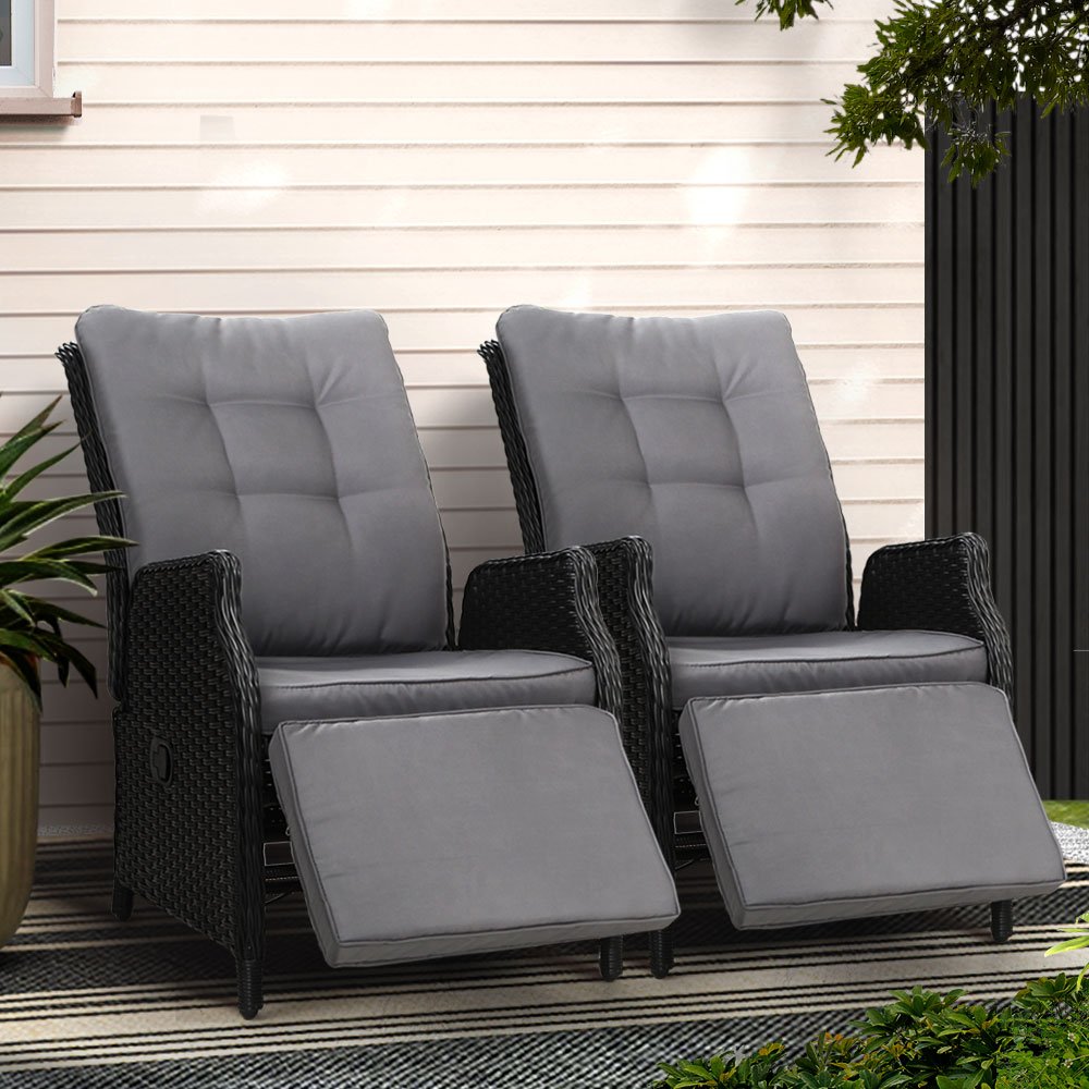 ODF-RCL-RW-FT-BKX2-202502281628-00.jpg Gardeon 2PC Recliner Chairs Sun lounge Wicker Lounger Outdoor Furniture Adjustable Black - Image 1