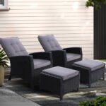 Gardeon 2PC Recliner Chairs Sun lounge Wicker Lounger Outdoor Furniture Adjustable Black
