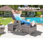 Gardeon 3PC Recliner Chairs Table Sun lounge Wicker Outdoor Furniture Adjustable Grey - Image 3