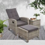 Gardeon 3PC Recliner Chairs Table Sun lounge Wicker Outdoor Furniture Adjustable Grey - Image 8