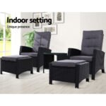 Gardeon 5PC Recliner Chairs Table Sun lounge Wicker Outdoor Furniture Adjustable Black - Image 12